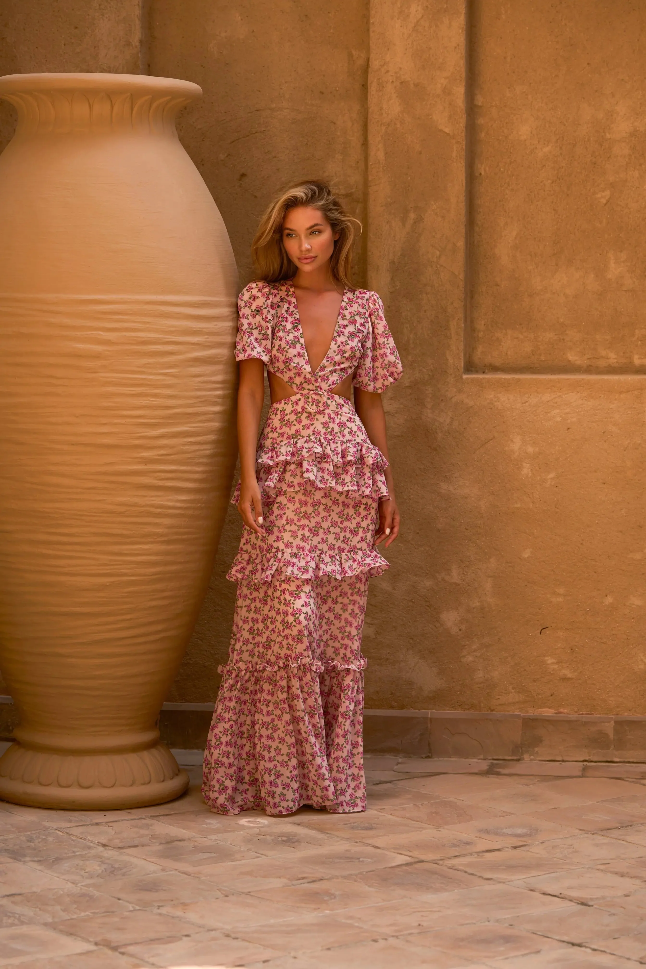 CASSINI CAP SLEEVE DRESS PINK FLORAL